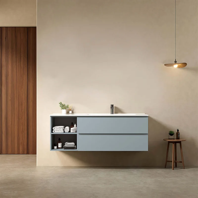 Mobile bagno sospeso 140 cm Blu Avio Lavabo a Destra in Resina Senza Specchio - Fiji Paint Plus