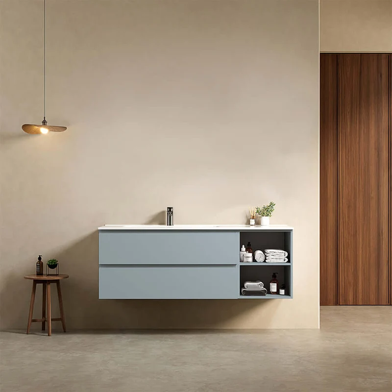 Mobile bagno sospeso 140 cm Blu Avio Lavabo a Sinistra in Resina Senza Specchio - Fiji Paint Plus
