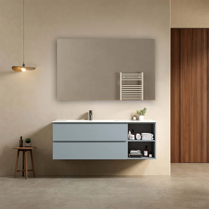 Mobile bagno sospeso 140 cm Blu Avio Lavabo a Sinistra in Resina Specchio Quadro - Fiji Paint Plus
