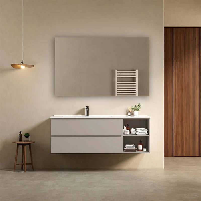 Mobile bagno sospeso 140 cm Grigio Cenere Lavabo a Sinistra in Resina Specchio Quadro - Fiji Paint Plus