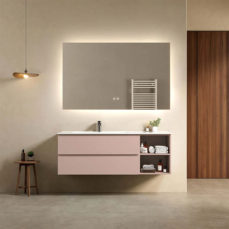 Mobile bagno sospeso 140 cm Rosa Retro Lavabo a Sinistra in Resina Specchio Quadro Retroilluminato - Fiji Paint Plus