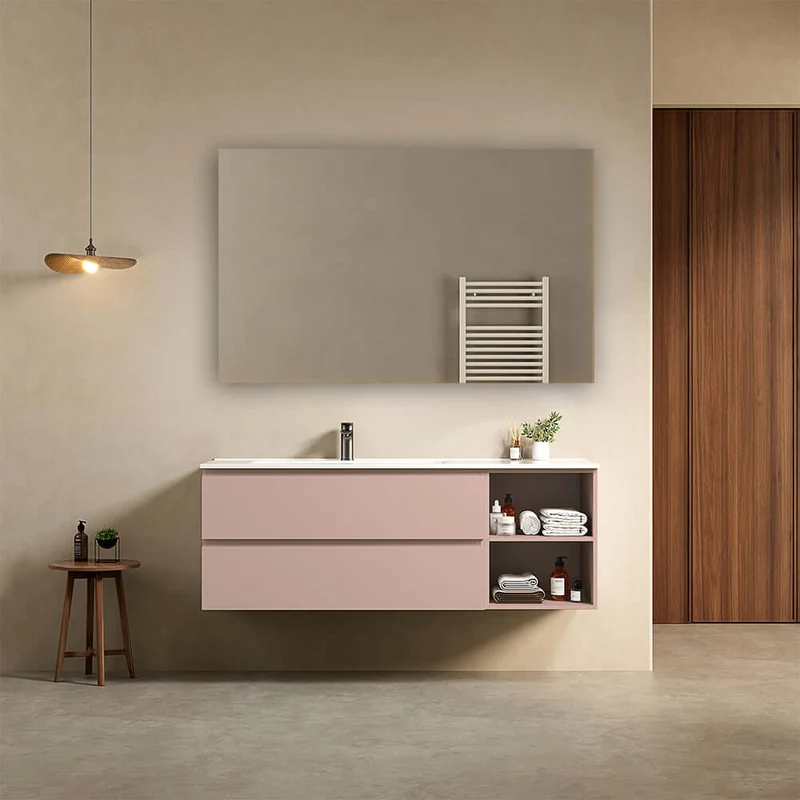 Mobile bagno sospeso 140 cm Rosa Retro Lavabo a Sinistra in Resina Specchio Quadro - Fiji Paint Plus