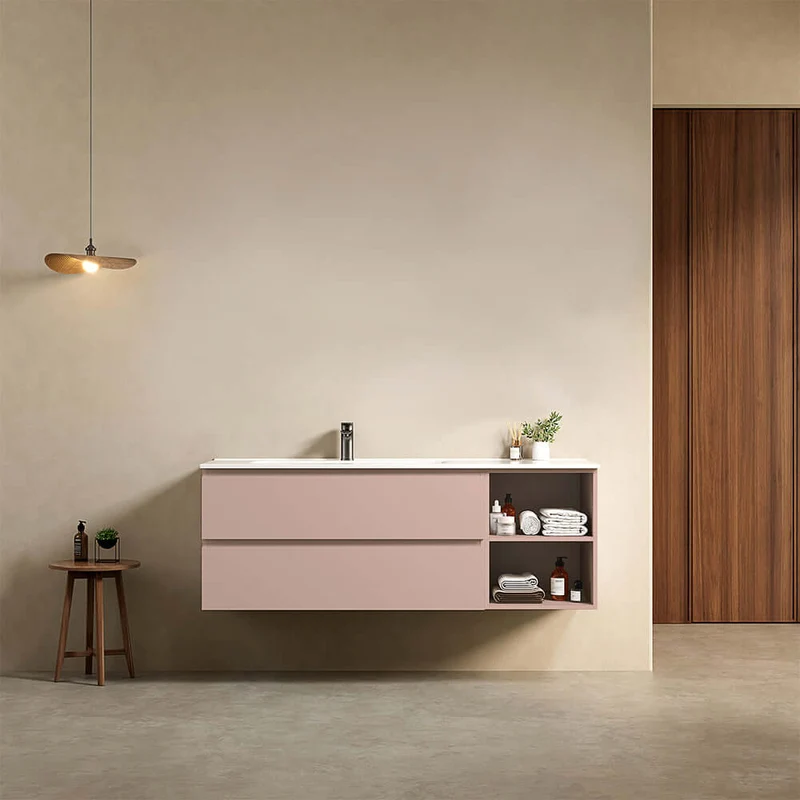 Mobile bagno sospeso 140 cm Rosa Retro Lavabo a Sinistra in Resina Senza Specchio - Fiji Paint Plus