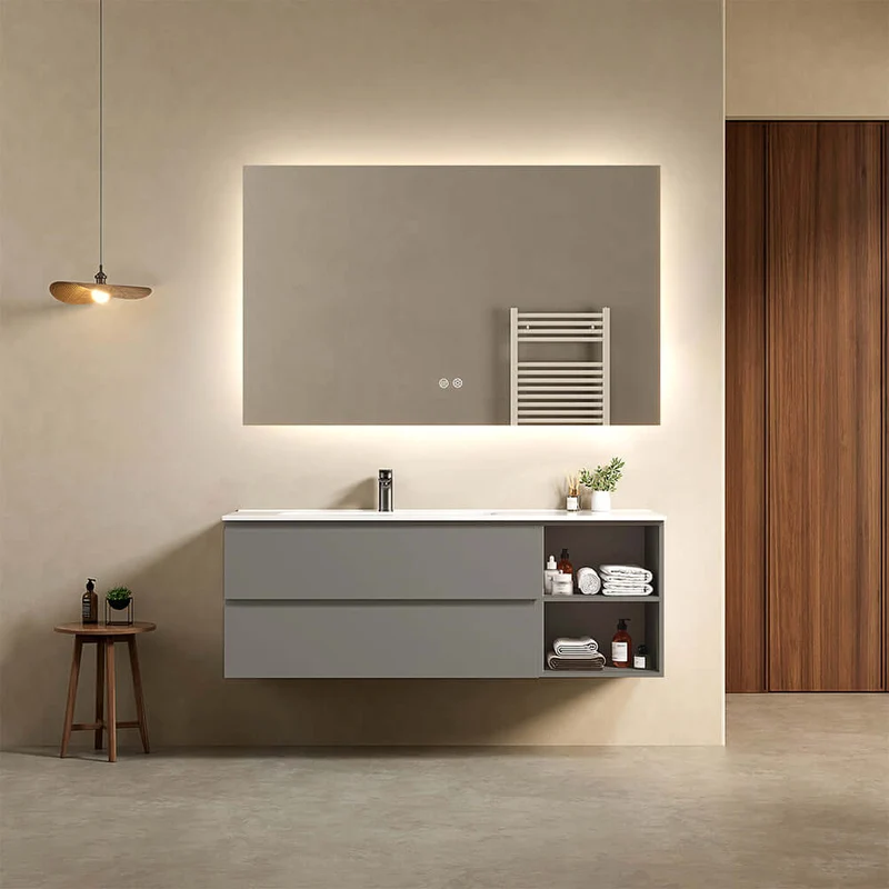 Mobile bagno sospeso 140 cm Grigio Londra Lavabo a Sinistra in Resina Specchio Quadro Retroilluminato - Fiji Paint Plus
