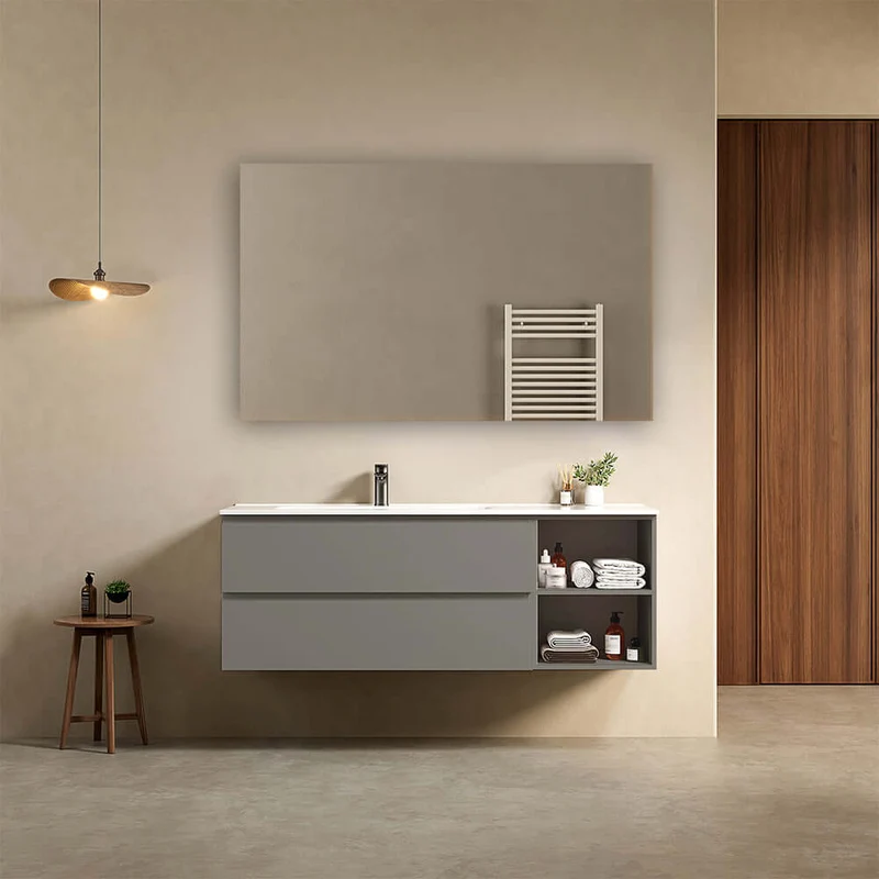 Mobile bagno sospeso 140 cm Grigio Londra Lavabo a Sinistra in Resina Specchio Quadro - Fiji Paint Plus