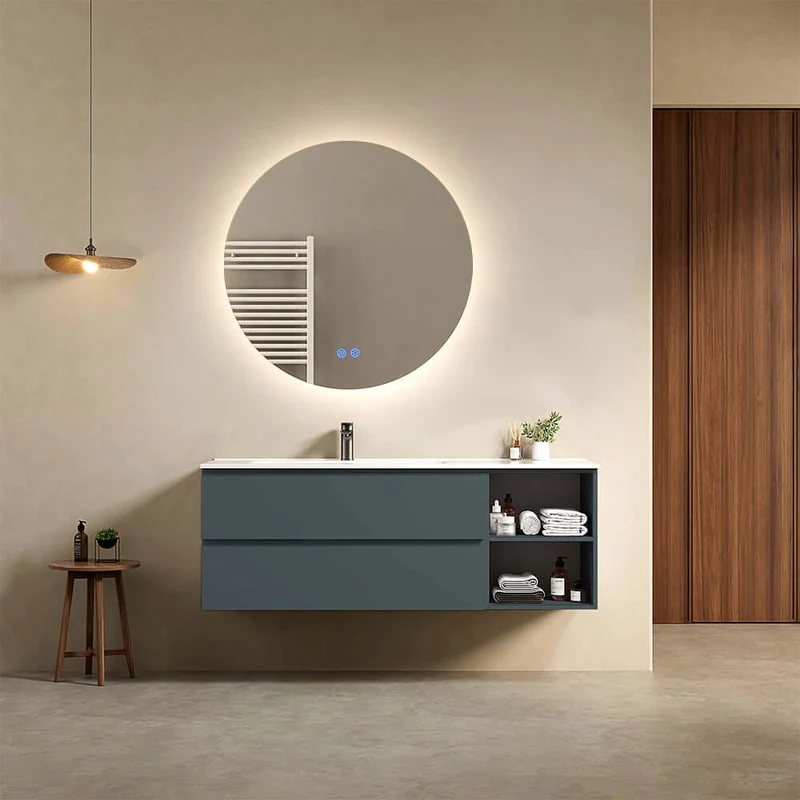 Mobile bagno sospeso 140 cm Blu Mare Lavabo a Sinistra in Resina Specchio Tondo Retroilluminato - Fiji Paint Plus
