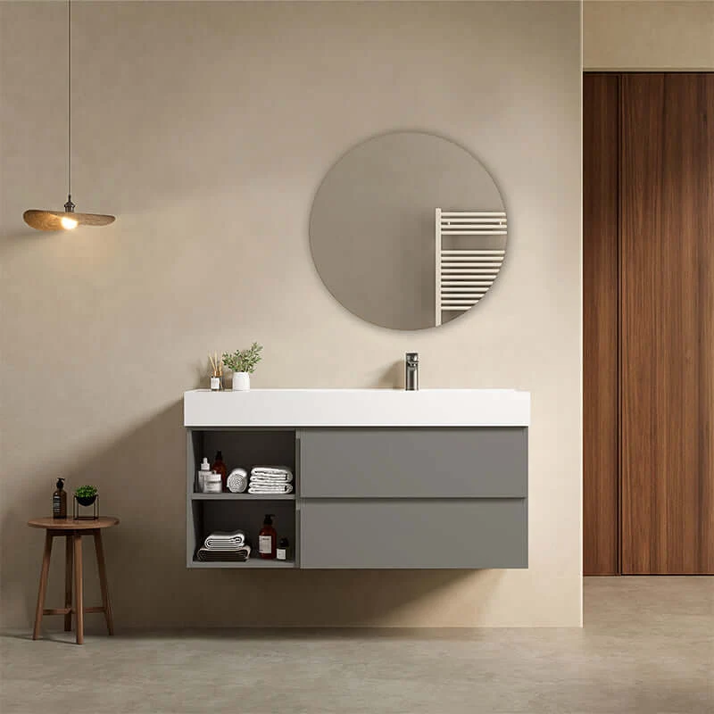 Mobile bagno sospeso 120 cm Grigio Londra Lavabo a Destra in Resina Specchio Tondo - Fiji Paint Plus