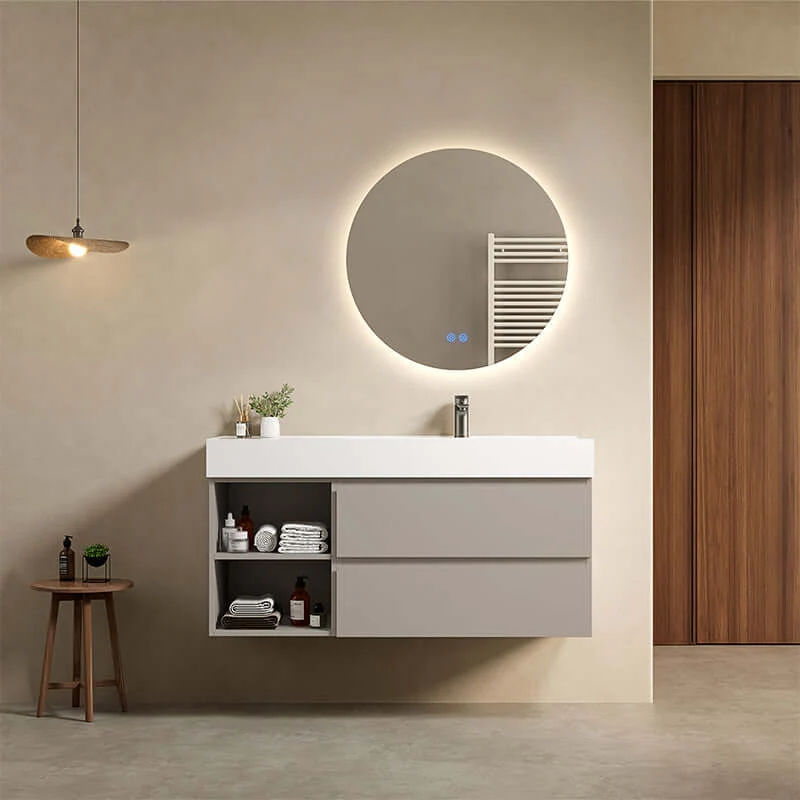 Mobile bagno sospeso 120 cm Grigio Cenere Lavabo a Destra in Resina Specchio Tondo Retroilluminato - Fiji Paint Plus