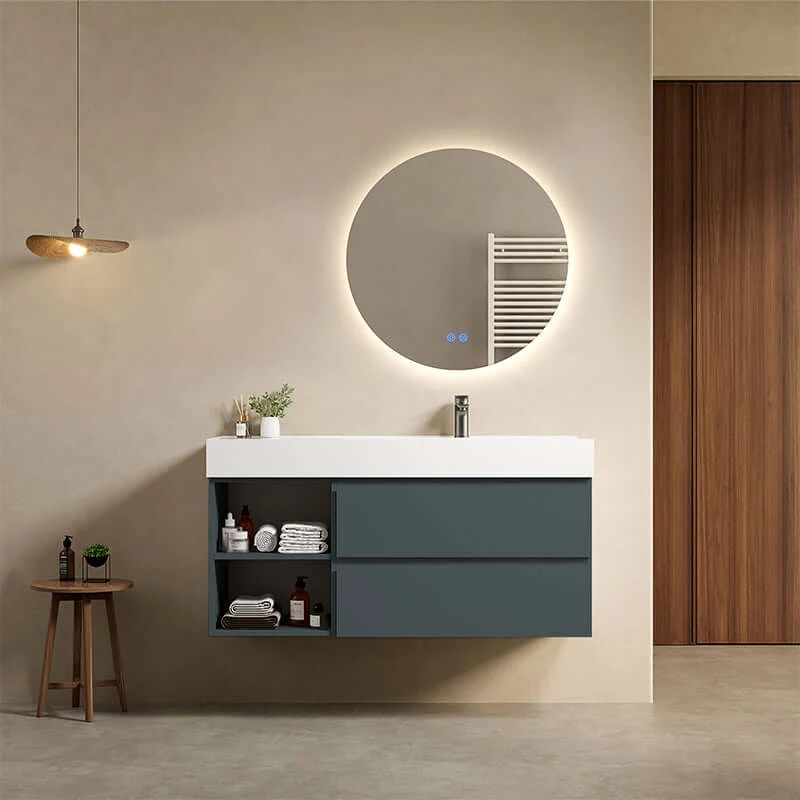 Mobile bagno sospeso 120 cm Blu Mare Lavabo a Destra in Resina Specchio Tondo Retroilluminato - Fiji Paint Plus