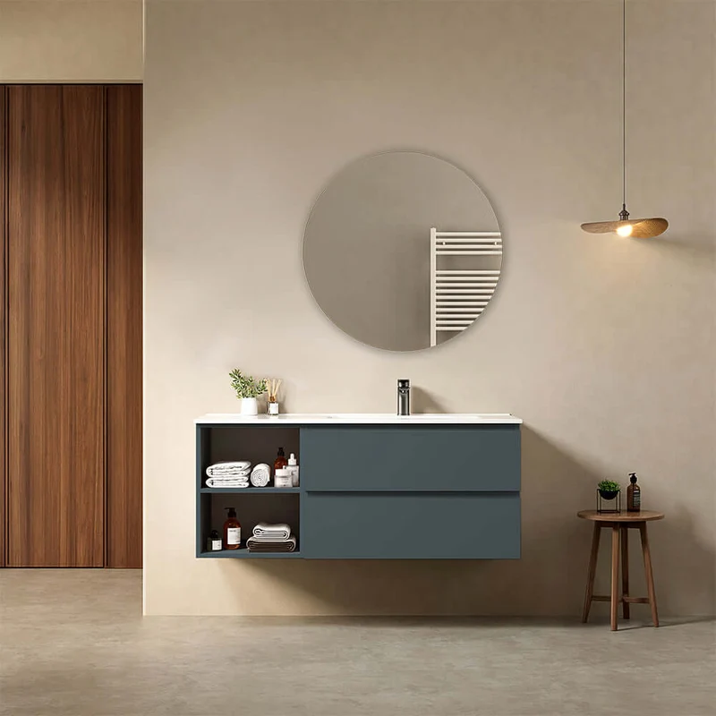 Mobile bagno sospeso 120 cm Blu Mare Lavabo a Destra in Ceramica Specchio Tondo - Fiji Paint Plus