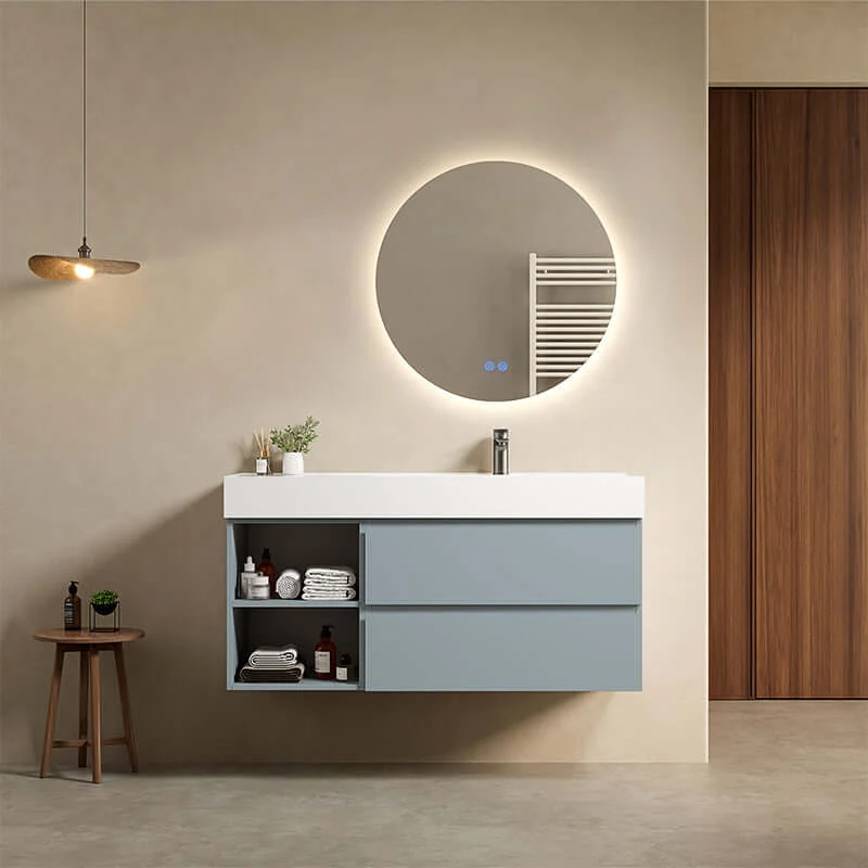 Mobile bagno sospeso 120 cm Blu Avio Lavabo a Destra in Resina Specchio Tondo Retroilluminato - Fiji Paint Plus