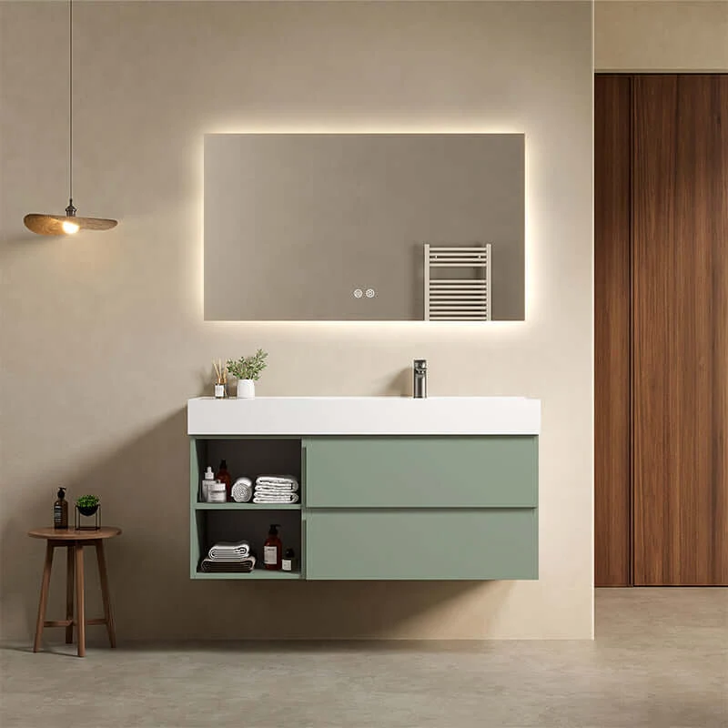 Mobile bagno sospeso 120 cm Verde Salvia Lavabo a Destra in Resina Specchio Quadro Retroilluminato - Fiji Paint Plus