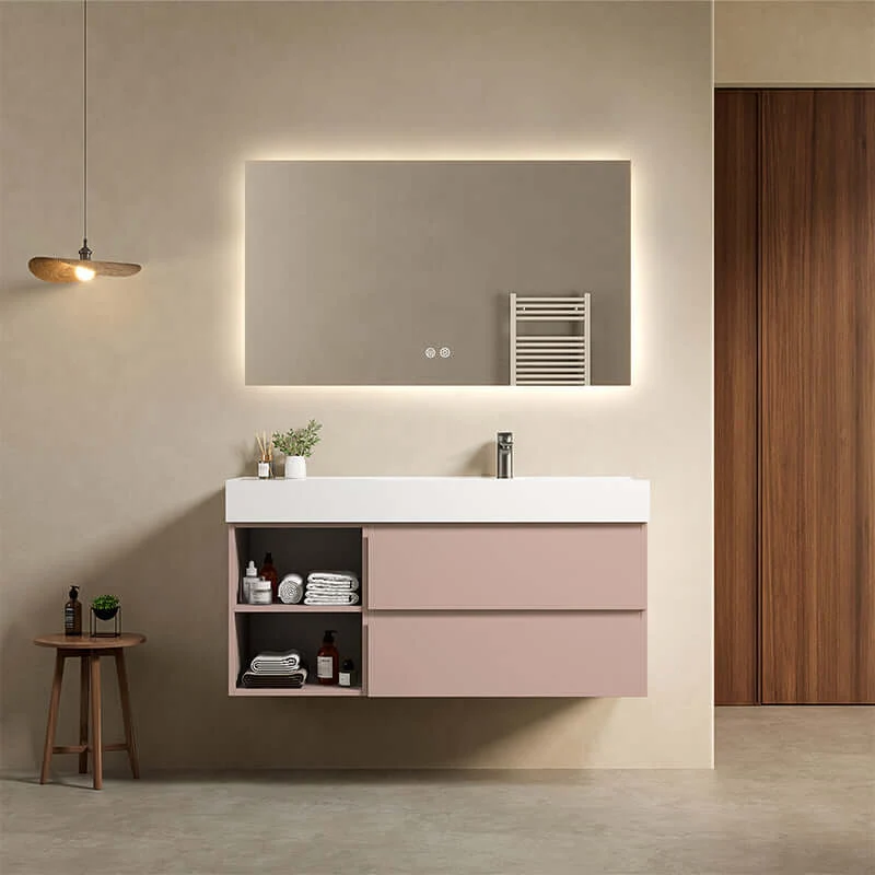 Mobile bagno sospeso 120 cm Rosa Retro Lavabo a Destra in Resina Specchio Quadro Retroilluminato - Fiji Paint Plus