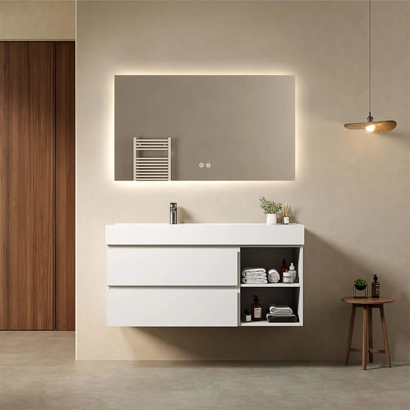 Mobile bagno sospeso 120 cm Bianco Lavabo a Sinistra in Resina Specchio Quadro Retroilluminato - Fiji Paint Plus