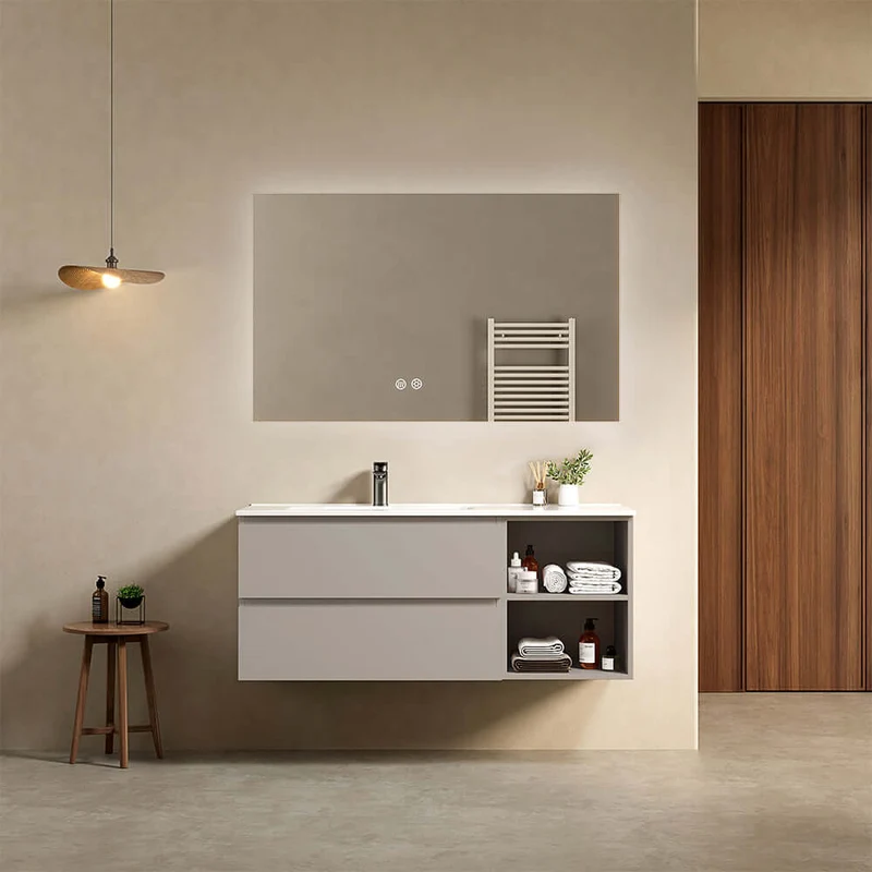 Mobile bagno sospeso 120 cm Grigio Cenere Lavabo a Sinistra in Ceramica Specchio Quadro Retroilluminato - Fiji Paint Plus