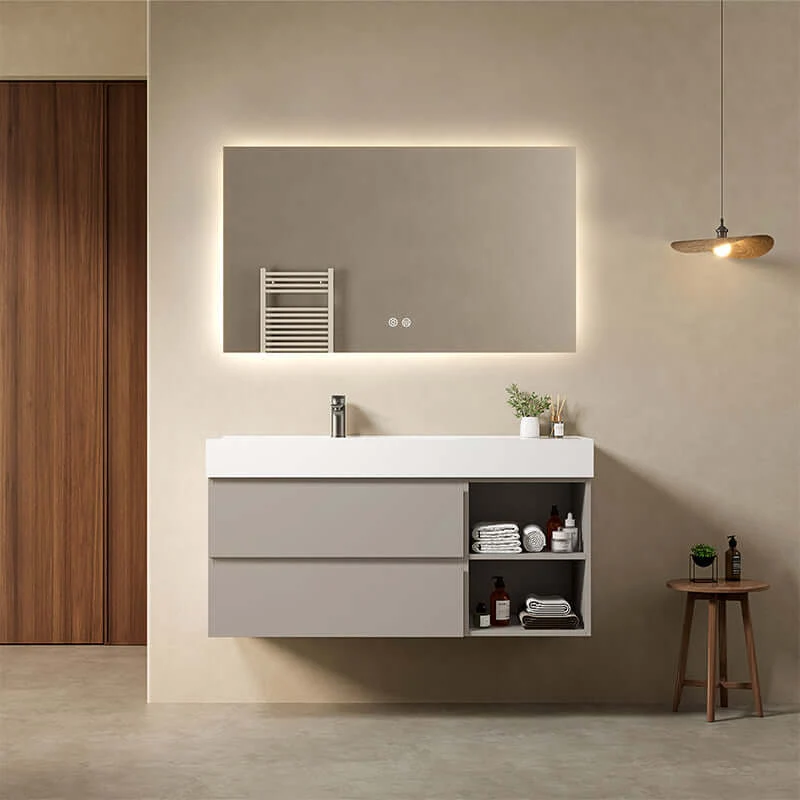 Mobile bagno sospeso 120 cm Grigio Cenere Lavabo a Sinistra in Resina Specchio Quadro Retroilluminato - Fiji Paint Plus