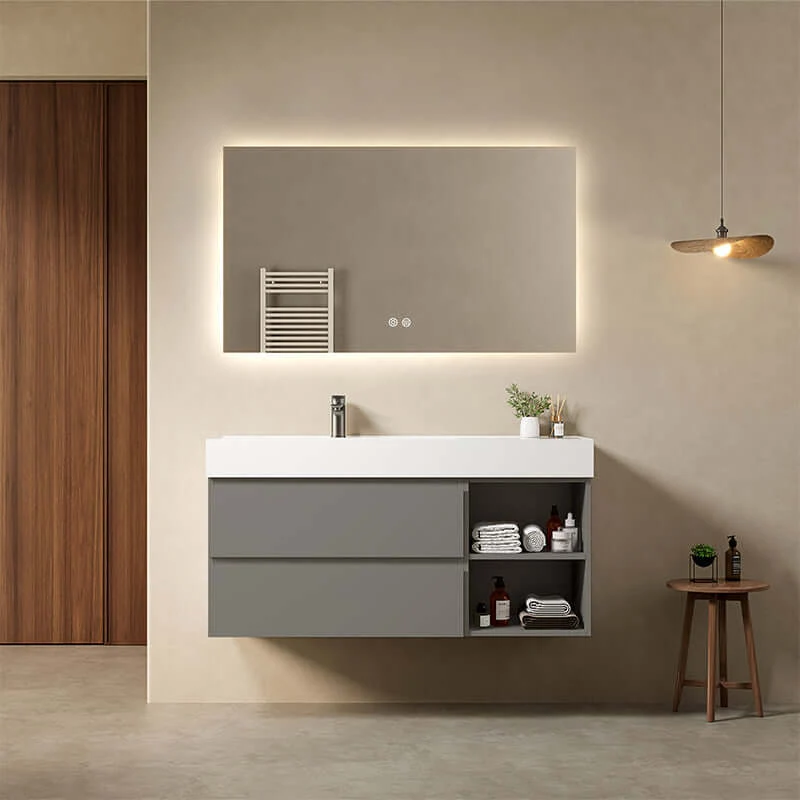 Mobile bagno sospeso 120 cm Grigio Londra Lavabo a Sinistra in Resina Specchio Quadro Retroilluminato - Fiji Paint Plus
