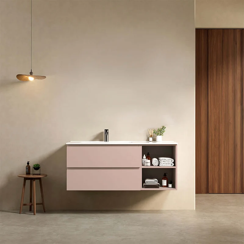 Mobile bagno sospeso 120 cm Rosa Retro Lavabo a Sinistra in Ceramica Senza Specchio - Fiji Paint Plus