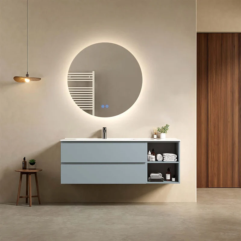 Mobile bagno sospeso 140 cm Blu Avio Lavabo a Sinistra in Resina Specchio Tondo Retroilluminato - Fiji Paint Plus