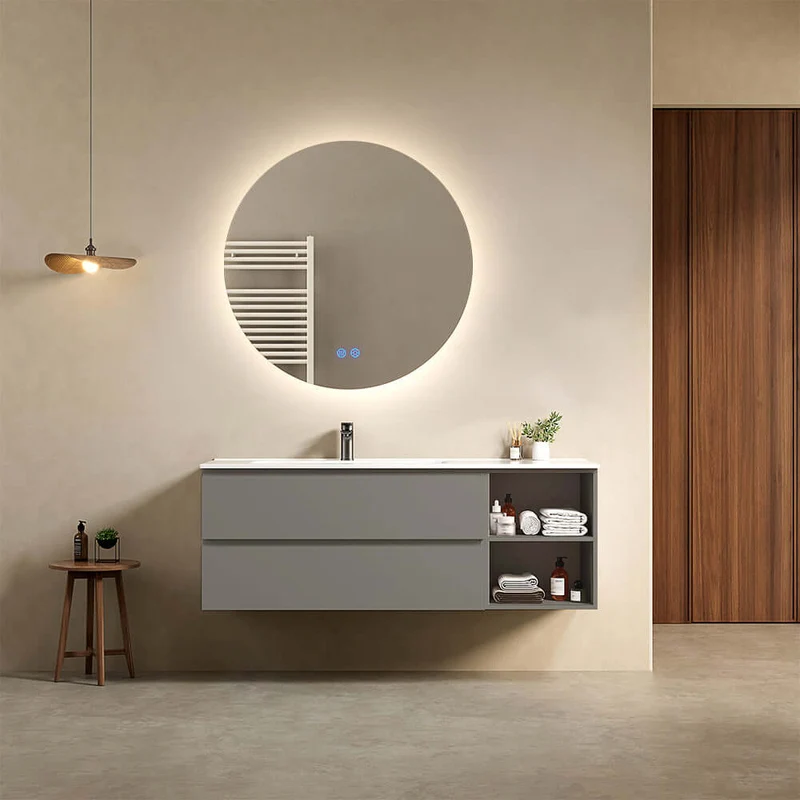 Mobile bagno sospeso 140 cm Grigio Londra Lavabo a Sinistra in Resina Specchio Tondo Retroilluminato - Fiji Paint Plus