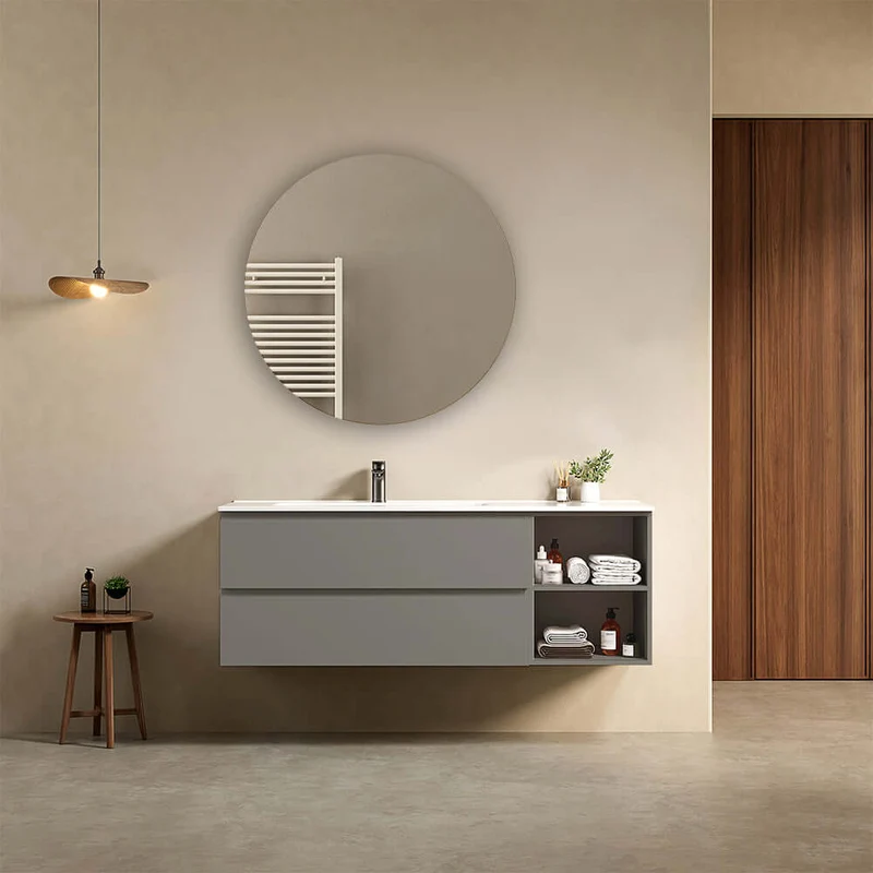 Mobile bagno sospeso 140 cm Grigio Londra Lavabo a Sinistra in Resina Specchio Tondo - Fiji Paint Plus