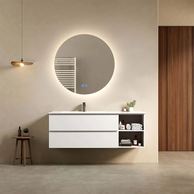 Mobile bagno sospeso 140 cm Bianco Lavabo a Sinistra in Resina Specchio Tondo Retroilluminato - Fiji Paint Plus