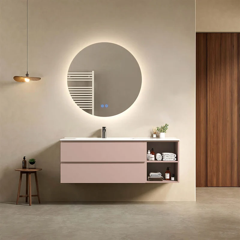 Mobile bagno sospeso 140 cm Rosa Retro Lavabo a Sinistra in Resina Specchio Tondo Retroilluminato - Fiji Paint Plus