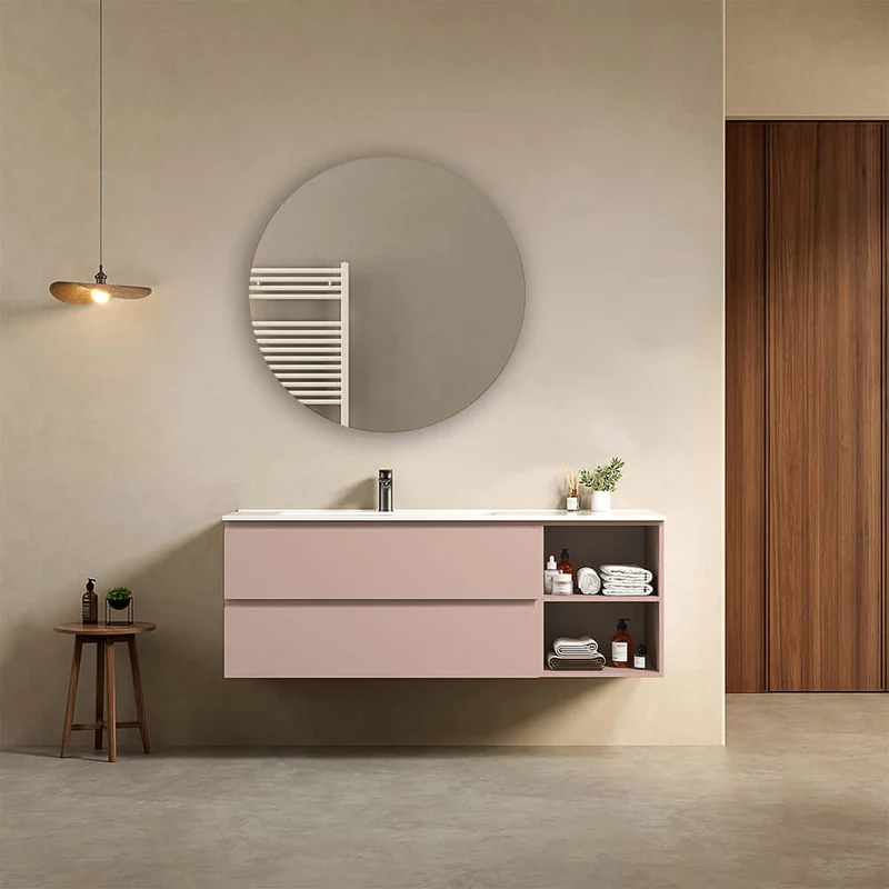 Mobile bagno sospeso 140 cm Rosa Retro Lavabo a Sinistra in Resina Specchio Tondo - Fiji Paint Plus