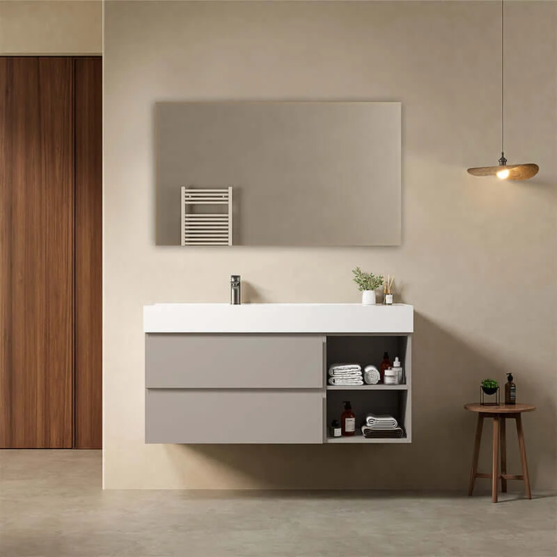 Mobile bagno sospeso 120 cm Grigio Cenere Lavabo a Sinistra in Resina Specchio Quadro - Fiji Paint Plus