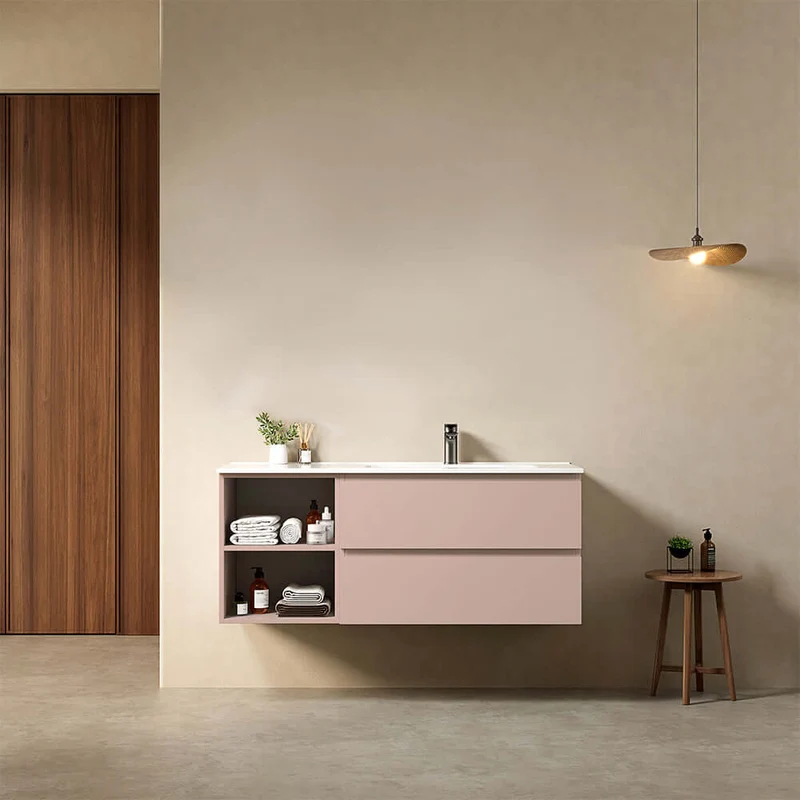 Mobile bagno sospeso 120 cm Rosa Retro Lavabo a Destra in Ceramica Senza Specchio - Fiji Paint Plus