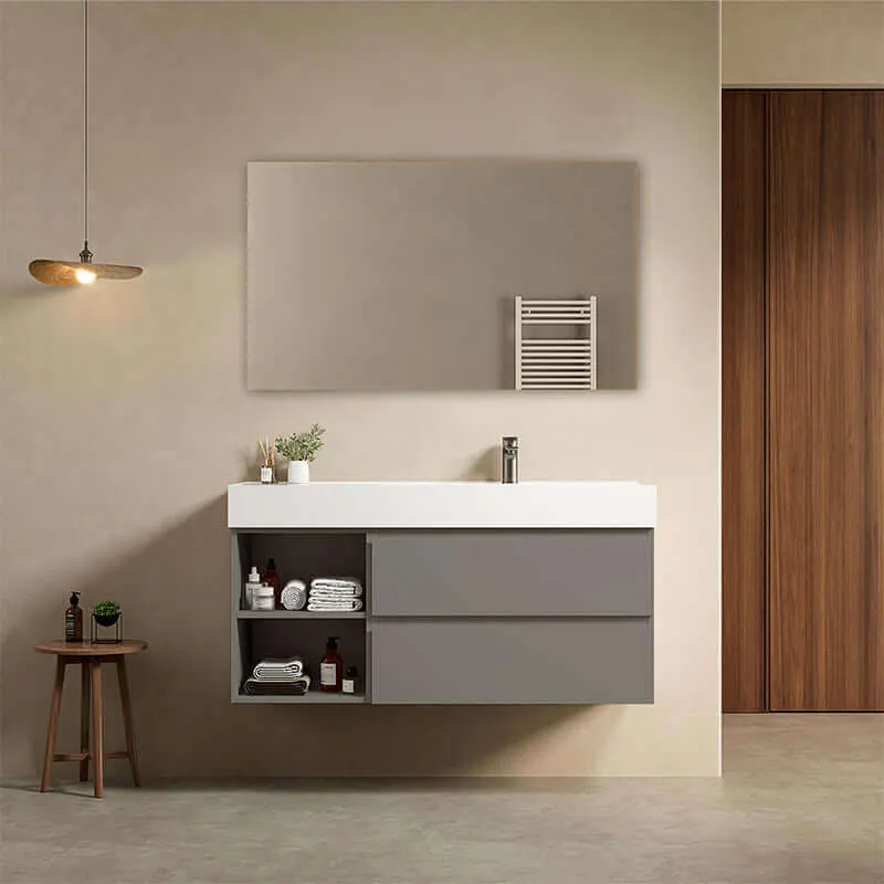 Mobile bagno sospeso 120 cm Grigio Londra Lavabo a Destra in Resina Specchio Quadro Retroilluminato - Fiji Paint Plus