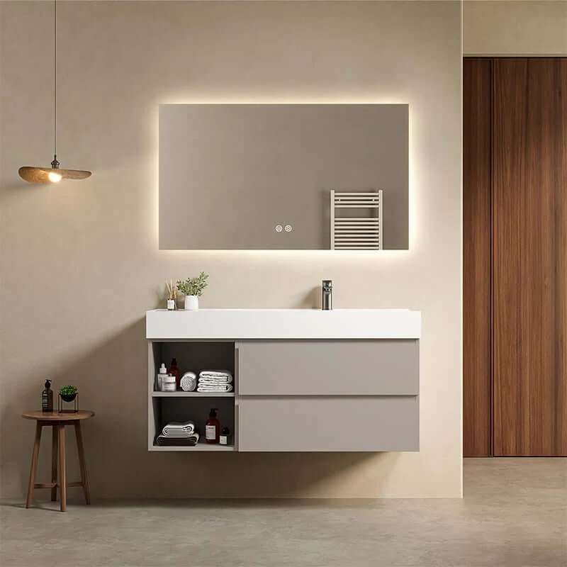 Mobile bagno sospeso 120 cm Grigio Cenere Lavabo a Destra in Resina Specchio Quadro Retroilluminato - Fiji Paint Plus