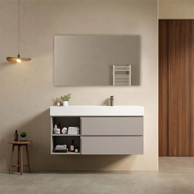Mobile bagno sospeso 120 cm Grigio Cenere Lavabo a Destra in Resina Specchio Quadro - Fiji Paint Plus