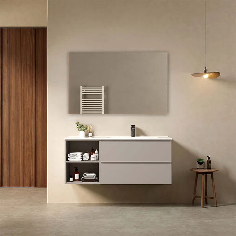Mobile bagno sospeso 120 cm Grigio Cenere Lavabo a Destra in Ceramica Specchio Quadro - Fiji Paint Plus