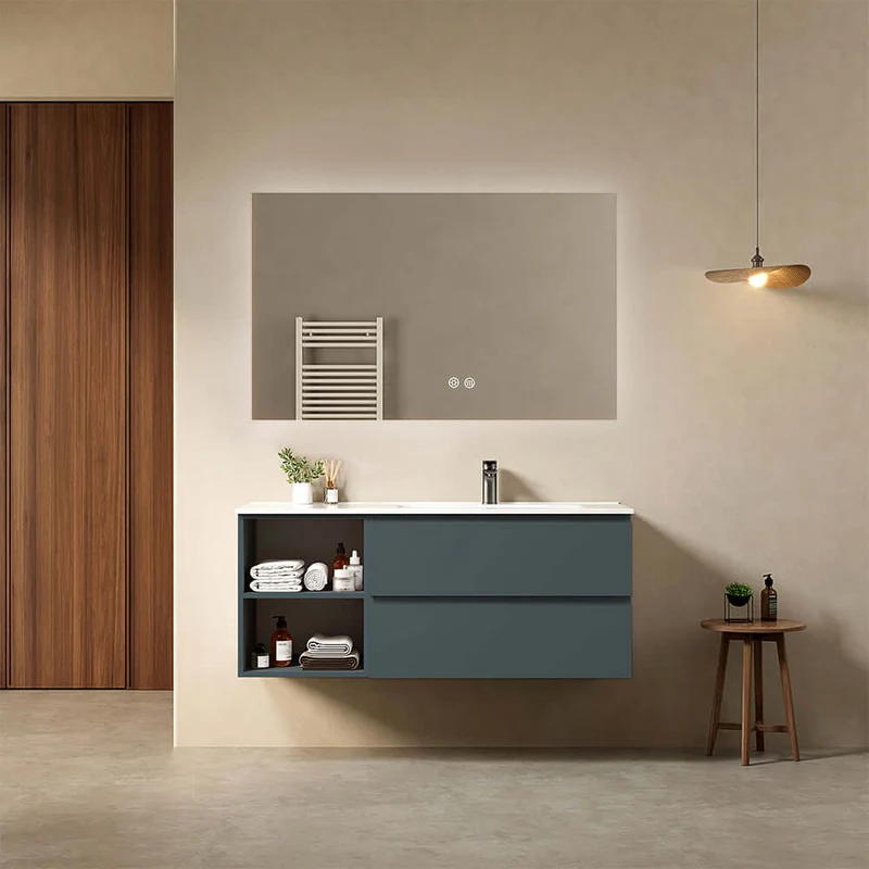 Mobile bagno sospeso 120 cm Blu Mare Lavabo a Destra in Ceramica Specchio Quadro Retroilluminato - Fiji Paint Plus