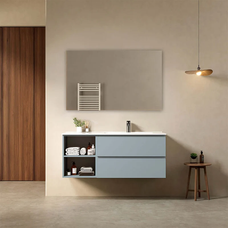 Mobile bagno sospeso 120 cm Blu Avio Lavabo a Destra in Ceramica Specchio Quadro - Fiji Paint Plus
