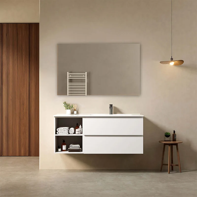 Mobile bagno sospeso 120 cm Bianco Lavabo a Destra in Ceramica Specchio Quadro - Fiji Paint Plus