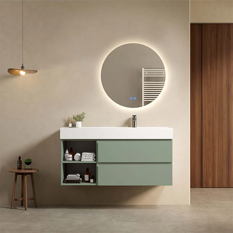 Mobile bagno sospeso 120 cm Verde Salvia Lavabo a Destra in Resina Specchio Tondo Retroilluminato - Fiji Paint Plus