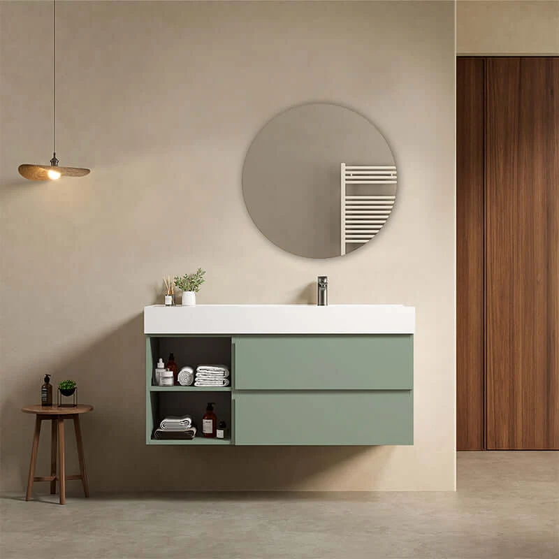 Mobile bagno sospeso 120 cm Verde Salvia Lavabo a Destra in Resina Specchio Tondo - Fiji Paint Plus