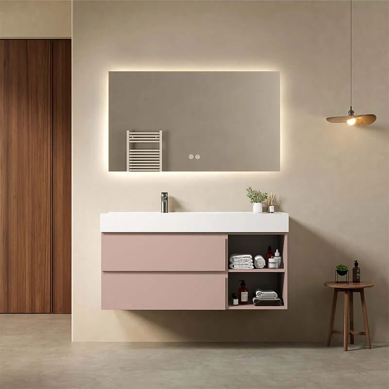 Mobile bagno sospeso 120 cm Rosa Retro Lavabo a Sinistra in Resina Specchio Quadro Retroilluminato - Fiji Paint Plus