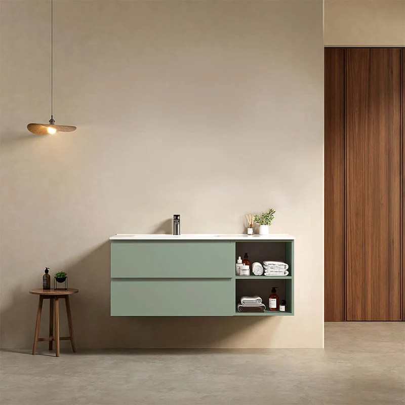Mobile bagno sospeso 120 cm Verde Salvia Lavabo a Sinistra in Ceramica Senza Specchio - Fiji Paint Plus