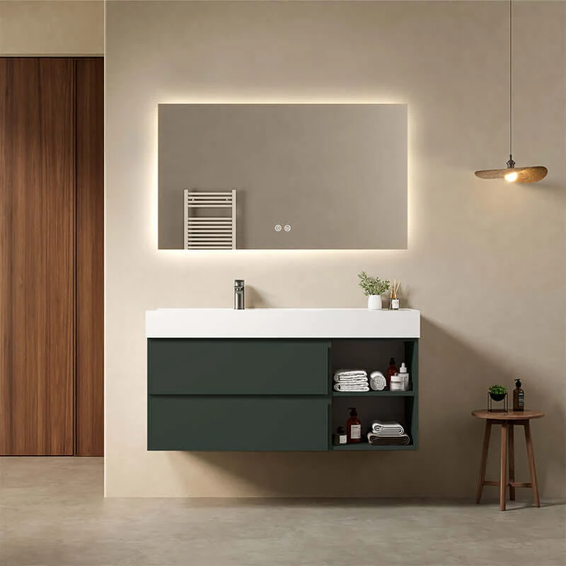 Mobile bagno sospeso 120 cm Verde Comodoro Lavabo a Sinistra in Resina Specchio Quadro Retroilluminato - Fiji Paint Plus