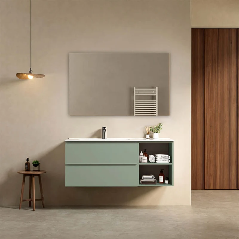 Mobile bagno sospeso 120 cm Verde Salvia Lavabo a Sinistra in Ceramica Specchio Quadro - Fiji Paint Plus