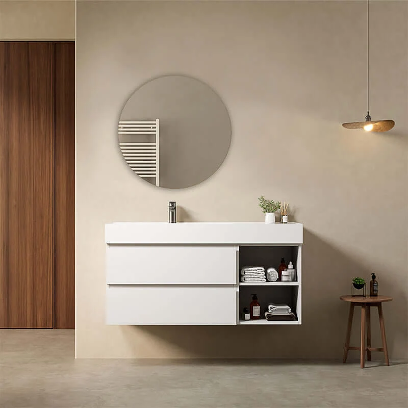 Mobile bagno sospeso 120 cm Bianco Lavabo a Sinistra in Resina Specchio Tondo - Fiji Paint Plus