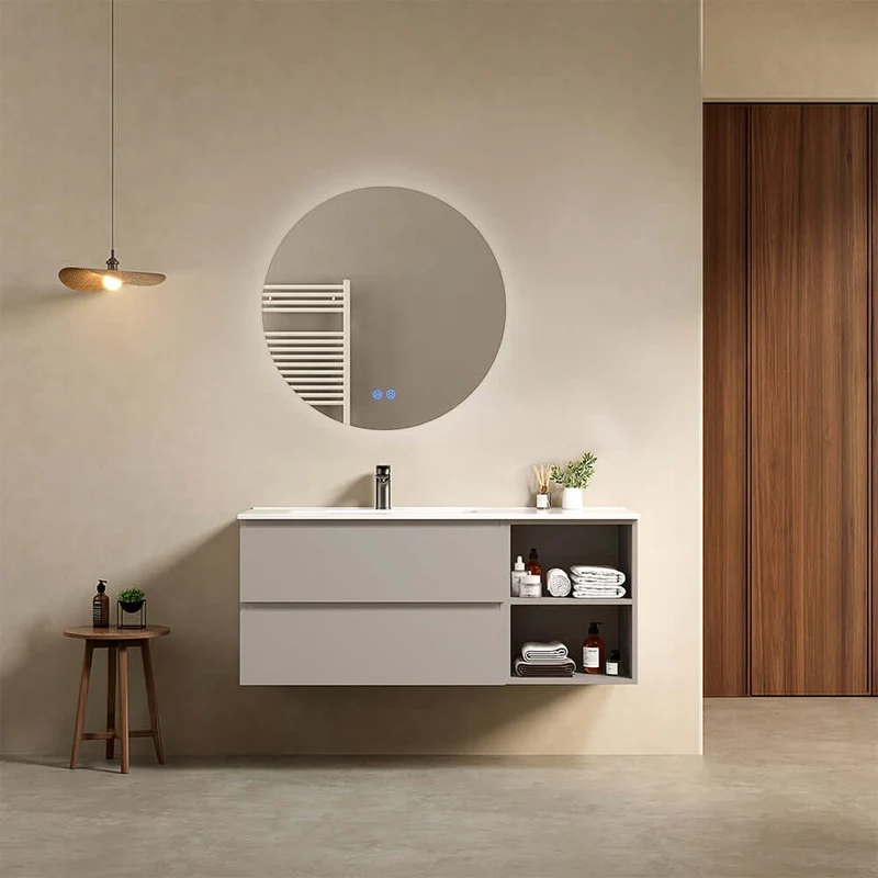 Mobile bagno sospeso 120 cm Grigio Cenere Lavabo a Sinistra in Ceramica Specchio Tondo Retroilluminato - Fiji Paint Plus