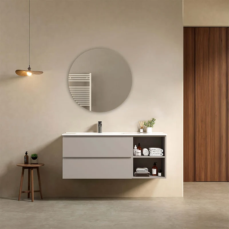 Mobile bagno sospeso 120 cm Grigio Cenere Lavabo a Sinistra in Ceramica Specchio Tondo - Fiji Paint Plus