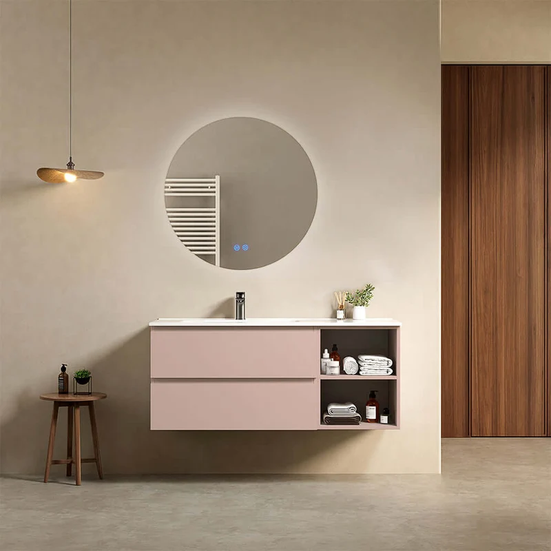 Mobile bagno sospeso 120 cm Rosa Retro Lavabo a Sinistra in Ceramica Specchio Tondo Retroilluminato - Fiji Paint Plus
