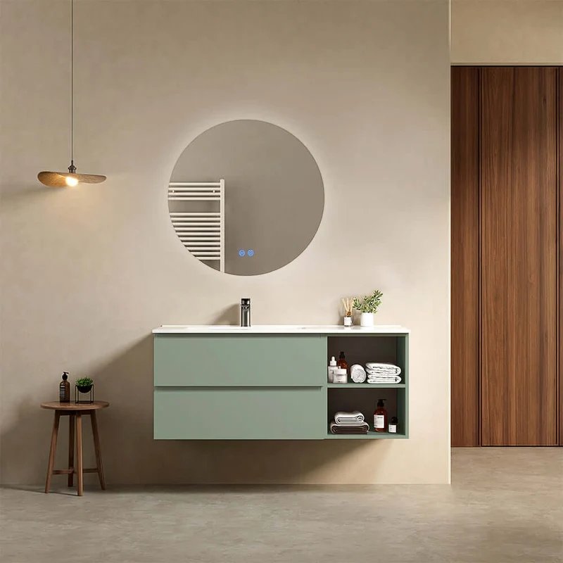 Mobile bagno sospeso 120 cm Verde Salvia Lavabo a Sinistra in Ceramica Specchio Tondo Retroilluminato - Fiji Paint Plus