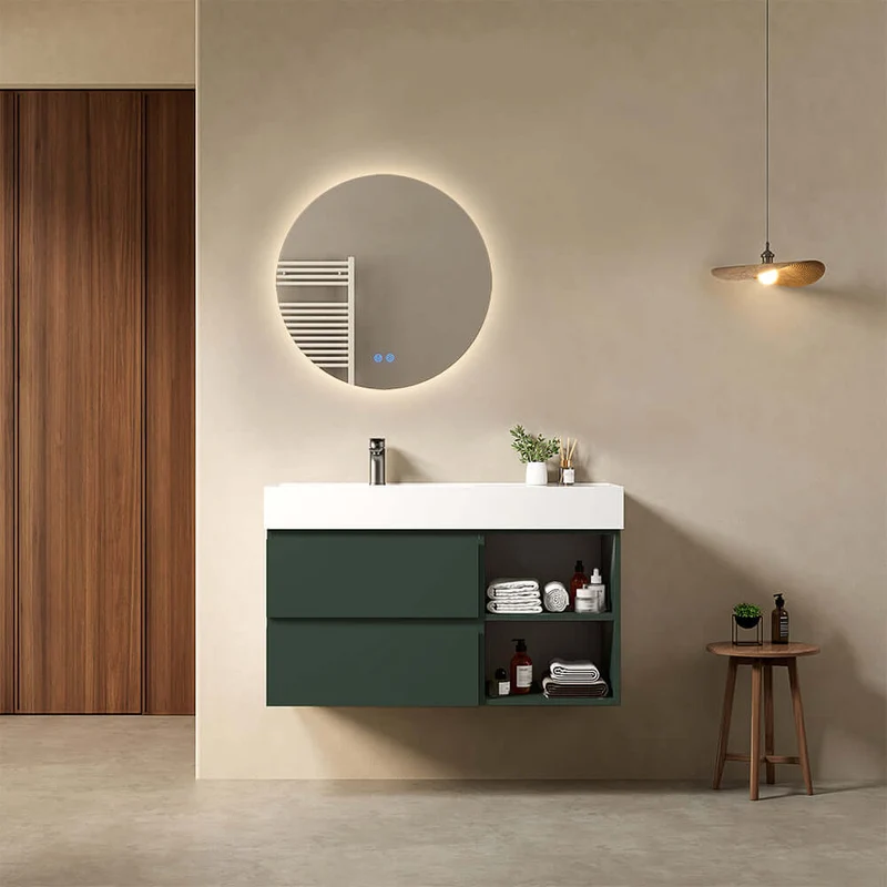 Mobile bagno sospeso 100 cm Verde Comodoro Lavabo a Sinistra in Resina Specchio Tondo Retroilluminato - Fiji Paint Plus
