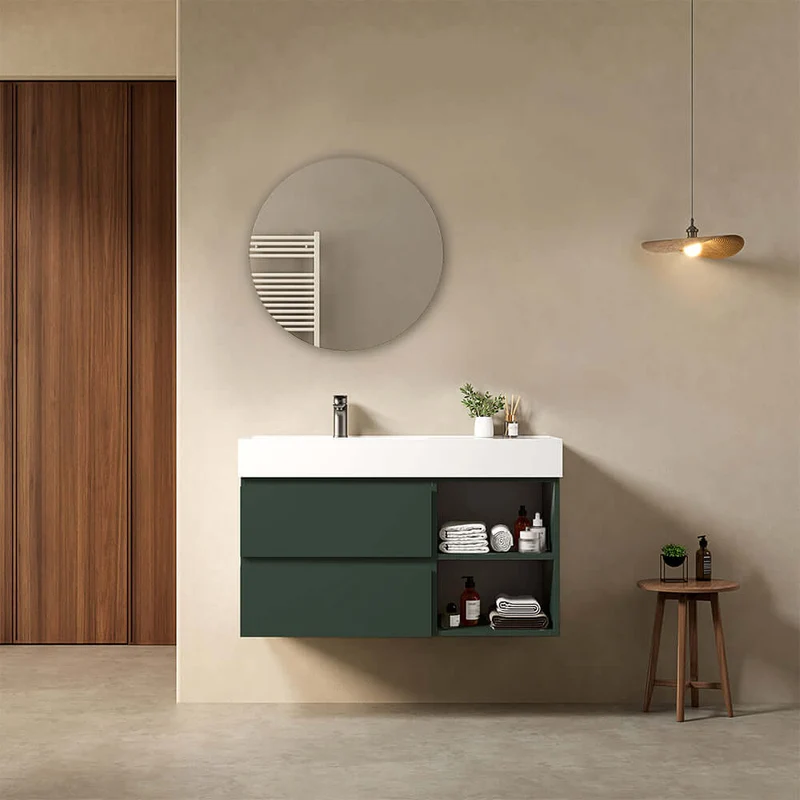 Mobile bagno sospeso 100 cm Verde Comodoro Lavabo a Sinistra in Resina Specchio Tondo - Fiji Paint Plus